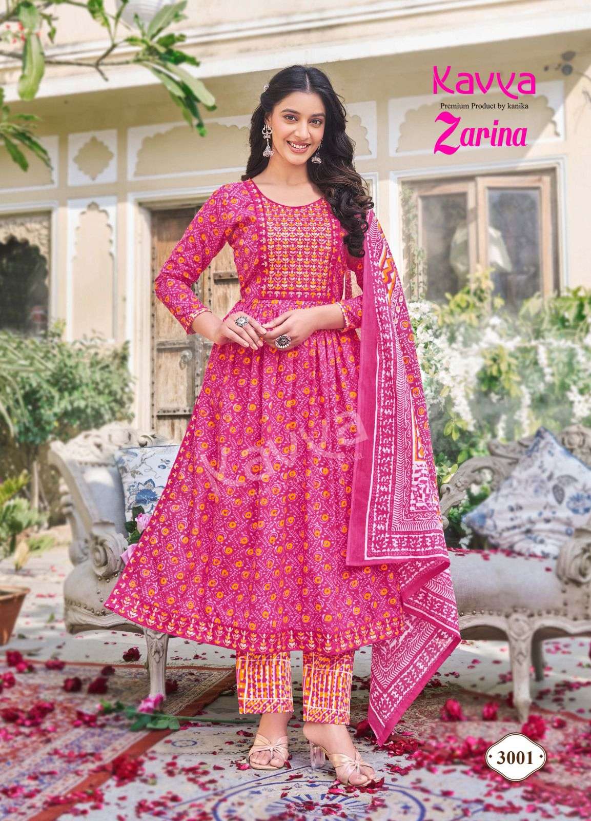 ZARINA VOL 3 MAL COTTON +EMBRODERYWORK KURTI WITH COTTON PANT AND MAL DUPATTA BY KAVYA BRAND 3001